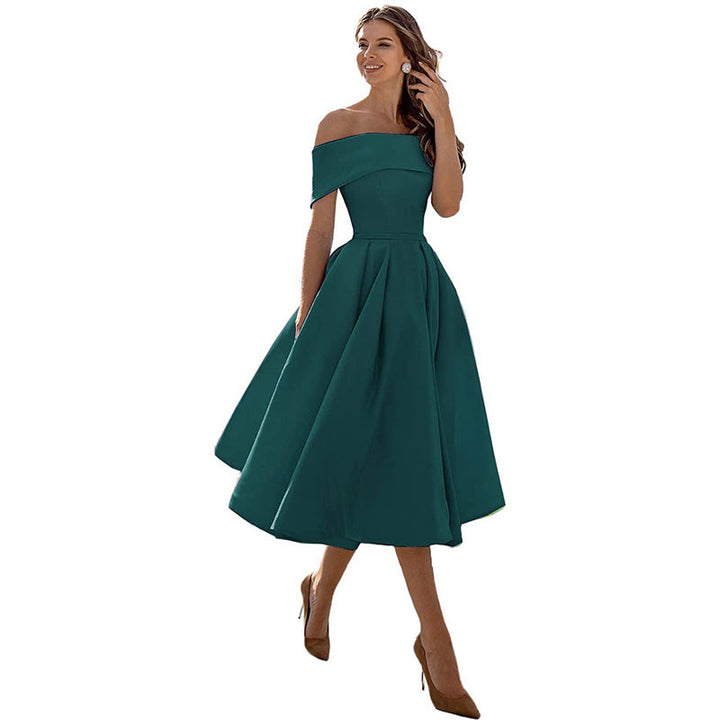 Chic off-shoulder A-line midi dress with pleats, ideal for cocktail parties & formal evening events.