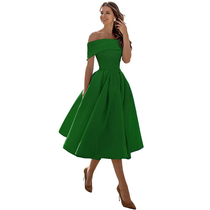 Stylish women's pleated A-line midi dress featuring an off-shoulder neckline, perfect for elegant formal wear.