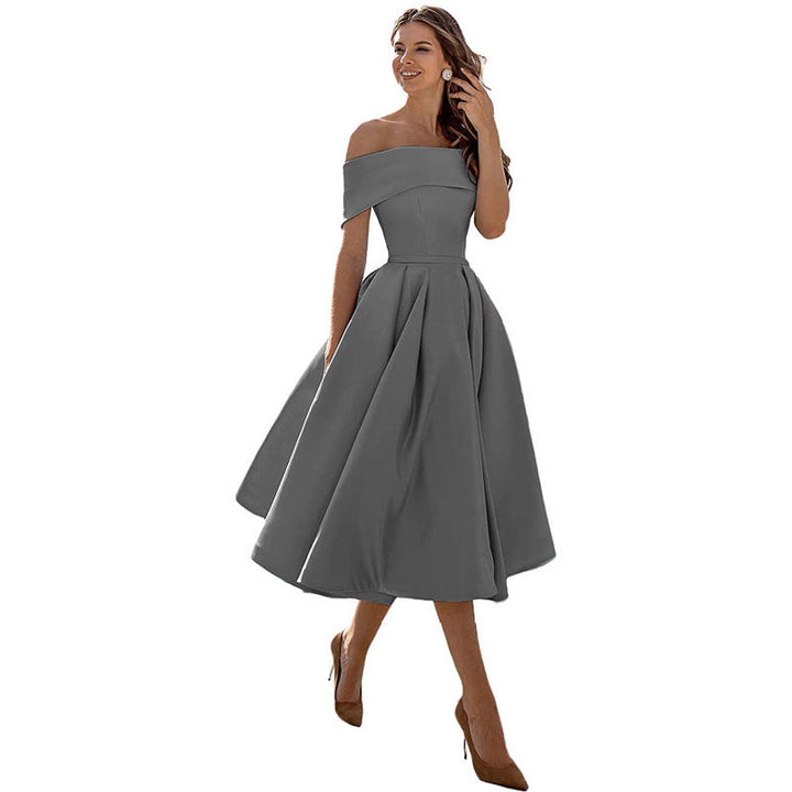 Sophisticated women's off-shoulder pleated A-line midi dress, a stunning choice for special occasion & party wear.