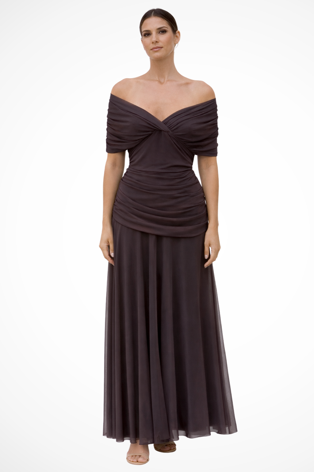 Elegant women's off-shoulder pleated midi dress, perfect for summer evening parties & special occasions.