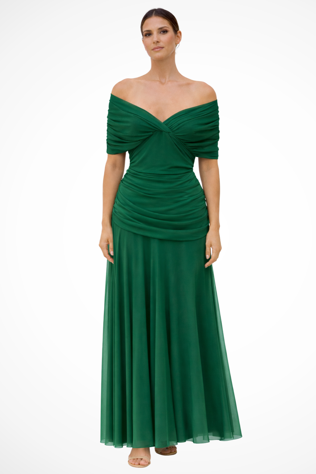Chic women's off-shoulder pleated party dress, a stylish midi for evening events & special occasions.