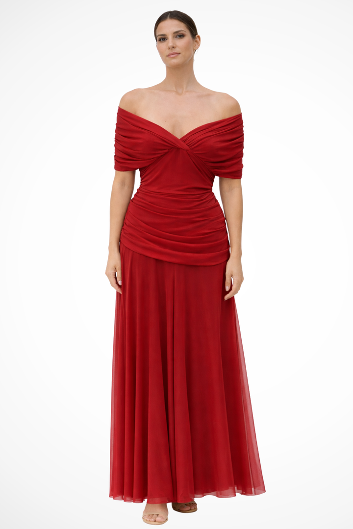 Comfortable & elegant off-shoulder pleated summer dress for women, perfect for warm-weather special events.