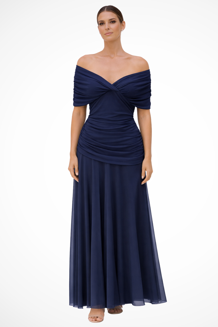 Sophisticated women's off-shoulder midi dress with pleats, perfect for summer fashion & special occasions.