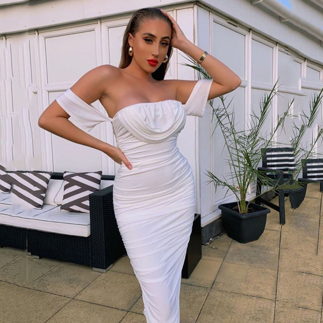 Elegant women's off-shoulder ruched bodycon midi dress in black, perfect for parties, cocktails, and special occasions.