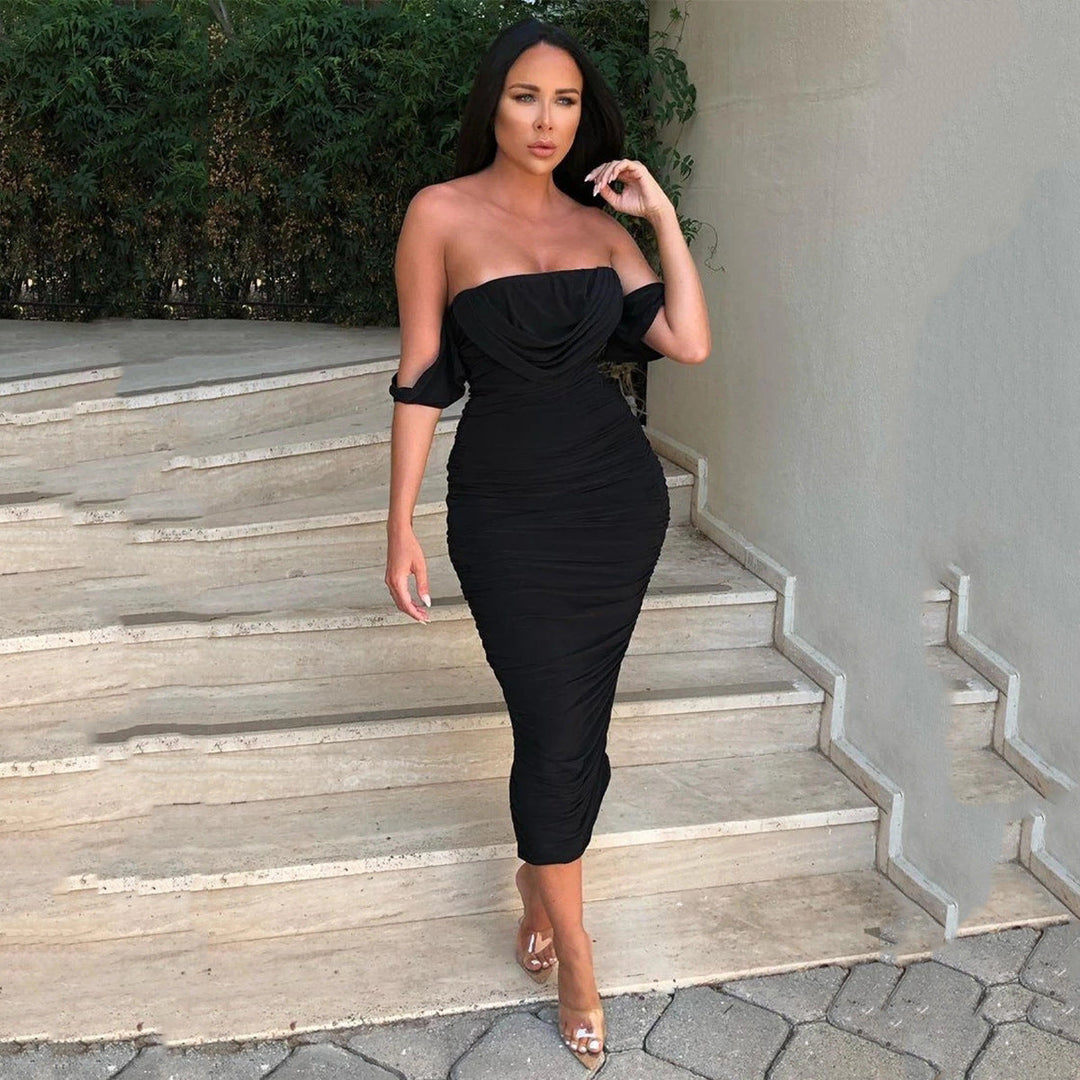 Figure-flattering women's off-shoulder ruched bodycon midi dress, ideal for evening wear & glamorous events.