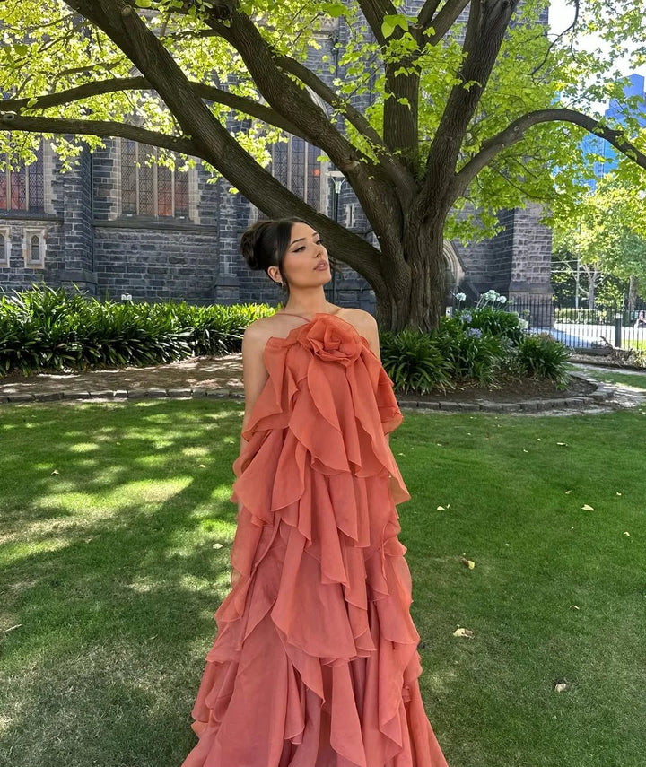 Elegant women's off-shoulder ruffled maxi dress, perfect for wedding guests, formal parties, or evening events.