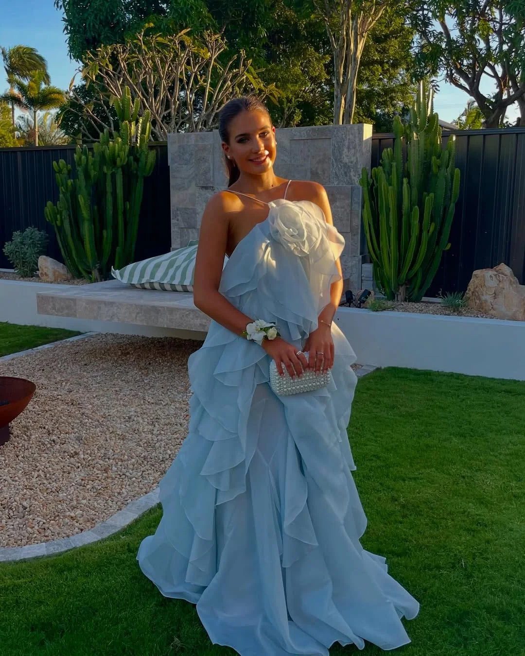 Comfortable & chic off-shoulder ruffled maxi dress for women, perfect for formal parties & wedding guest attire.