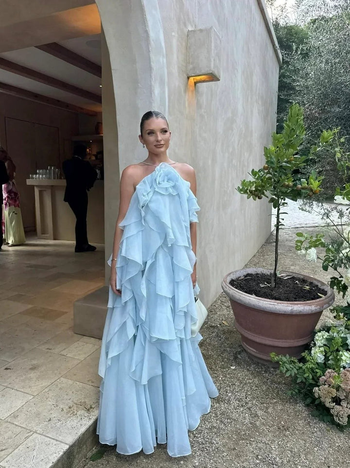 Women's elegant off-shoulder ruffled maxi dress, a perfect formal gown for wedding guests & evening events.