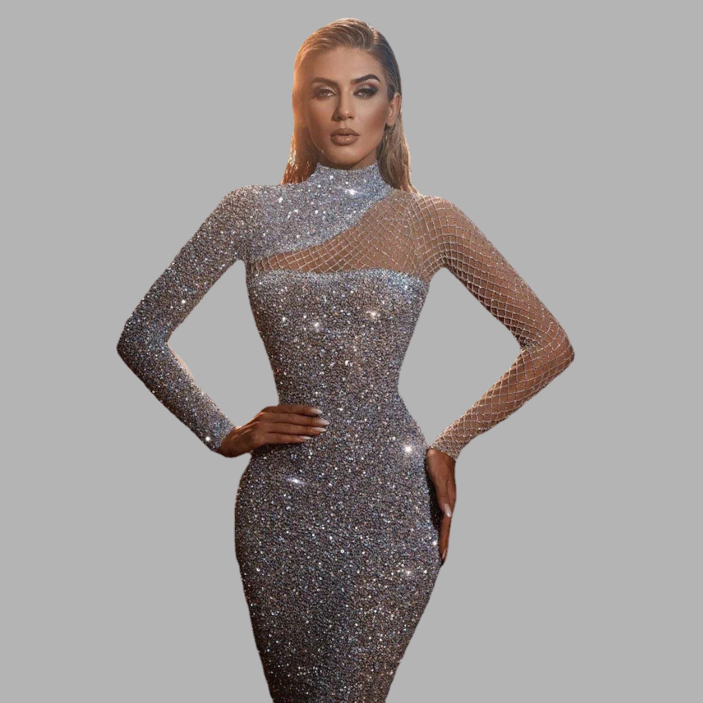 Elegant women's off-shoulder sequin evening dress, perfect for glamorous parties & special occasions. Sparkle in style.