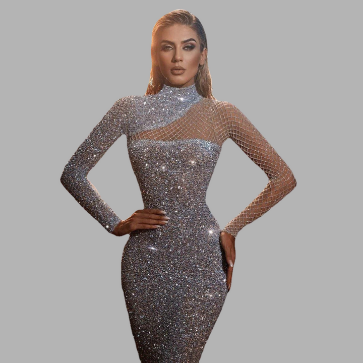 Elegant women's off-shoulder sequin evening dress, perfect for glamorous parties & special occasions. Sparkle in style.