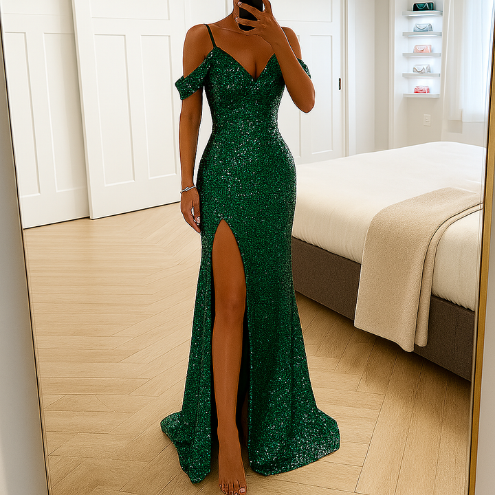 Stunning women's V-neck sequin off-shoulder maxi gown. Elegant formal dress for proms, parties, & special evenings.
