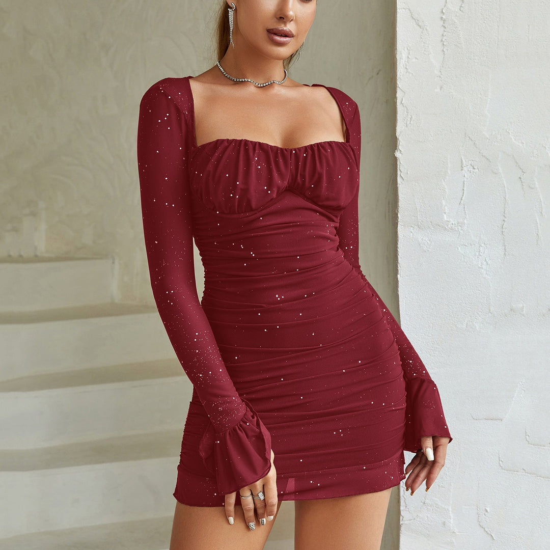 Trendy women's off-shoulder ruched sheer mesh mini dress, a flattering bodycon party or night out look.