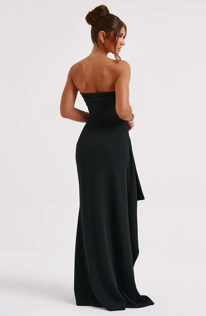 Navy blue women's off-shoulder twisted maxi dress, an elegant evening gown for formal events & parties.