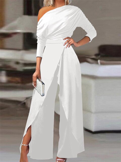 Elegant women's off-shoulder wide leg jumpsuit, perfect for evening wear & special occasions. Chic formal one-piece outfit.