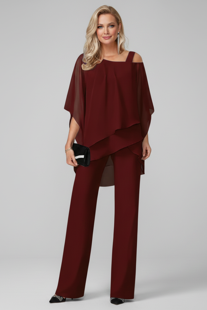 Rich burgundy off-shoulder wide-leg jumpsuit for women, a comfortable and stylish summer party choice.