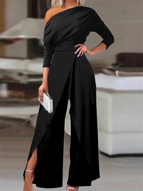 Chic women's off-shoulder wide leg jumpsuit with a flattering wrap-front, great for elegant evening events.