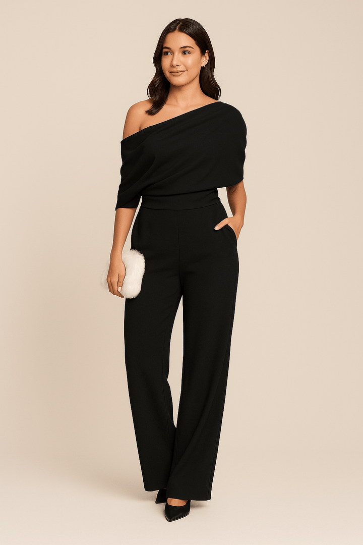 Modern women's one-piece off-shoulder wide-leg jumpsuit, ideal party outfit or formal evening wear.