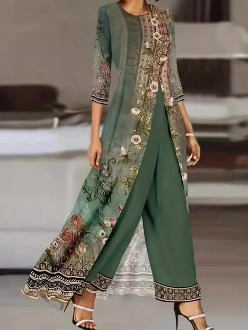 Elegant women's olive green printed tunic and wide leg trouser two-piece set for comfort and fashion.