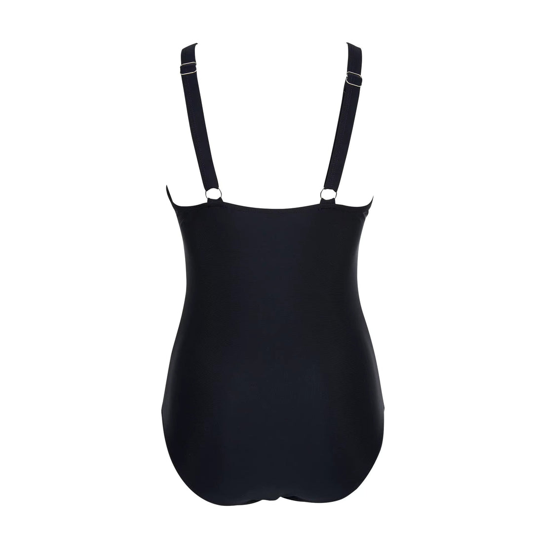 Modern women's one-piece swimsuit, highlighting a flattering cut ideal for stylish summer resort wear.