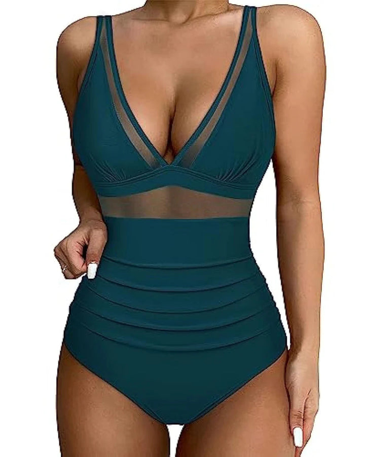 Stylish women's one-piece swimwear, ideal for pool lounging & active beachwear, with good support.
