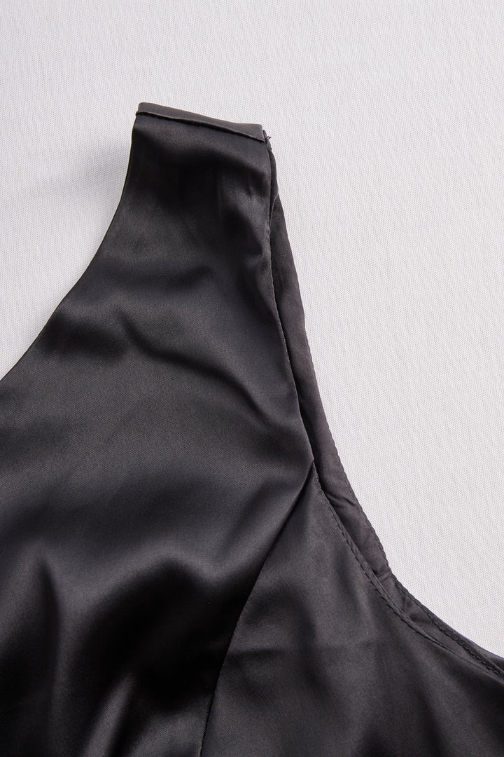 Flowing black one-shoulder maxi dress, an elegant women's gown for evening events, parties & formal occasions.