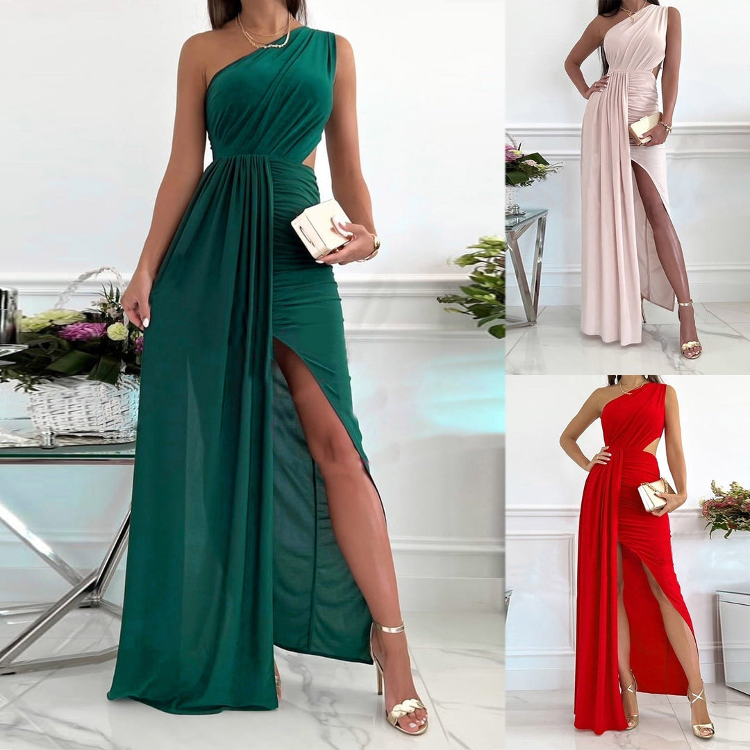 Elegant women's one shoulder draped maxi evening gown. Perfect for formal events & parties.