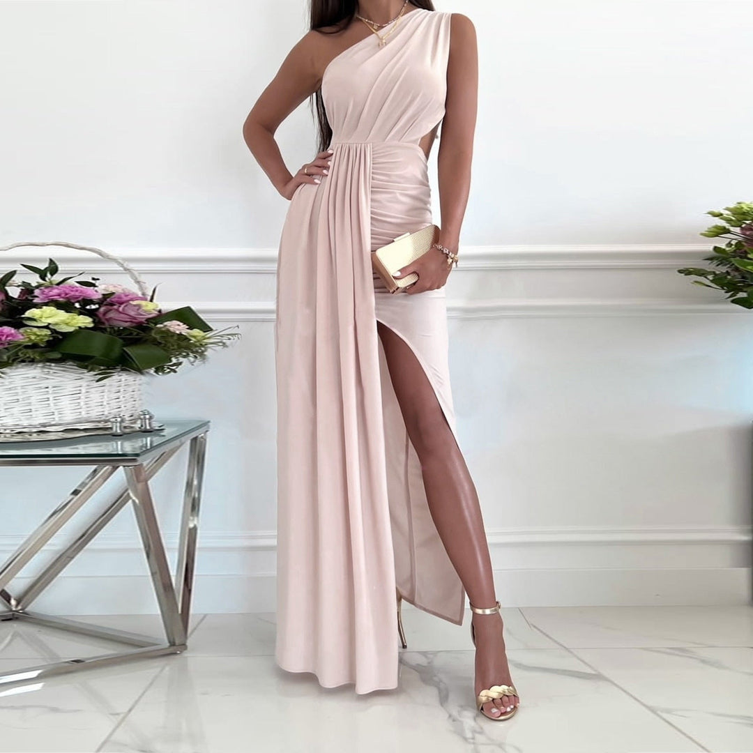 Sophisticated women's one shoulder formal maxi dress with draped waist and side split.