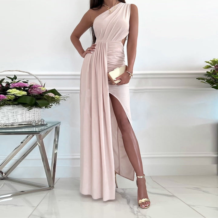 Sophisticated women's one shoulder formal maxi dress with draped waist and side split.