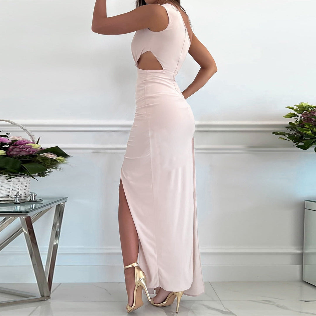 Stylish one shoulder evening gown for women, featuring a draped bodice & flowing maxi skirt.