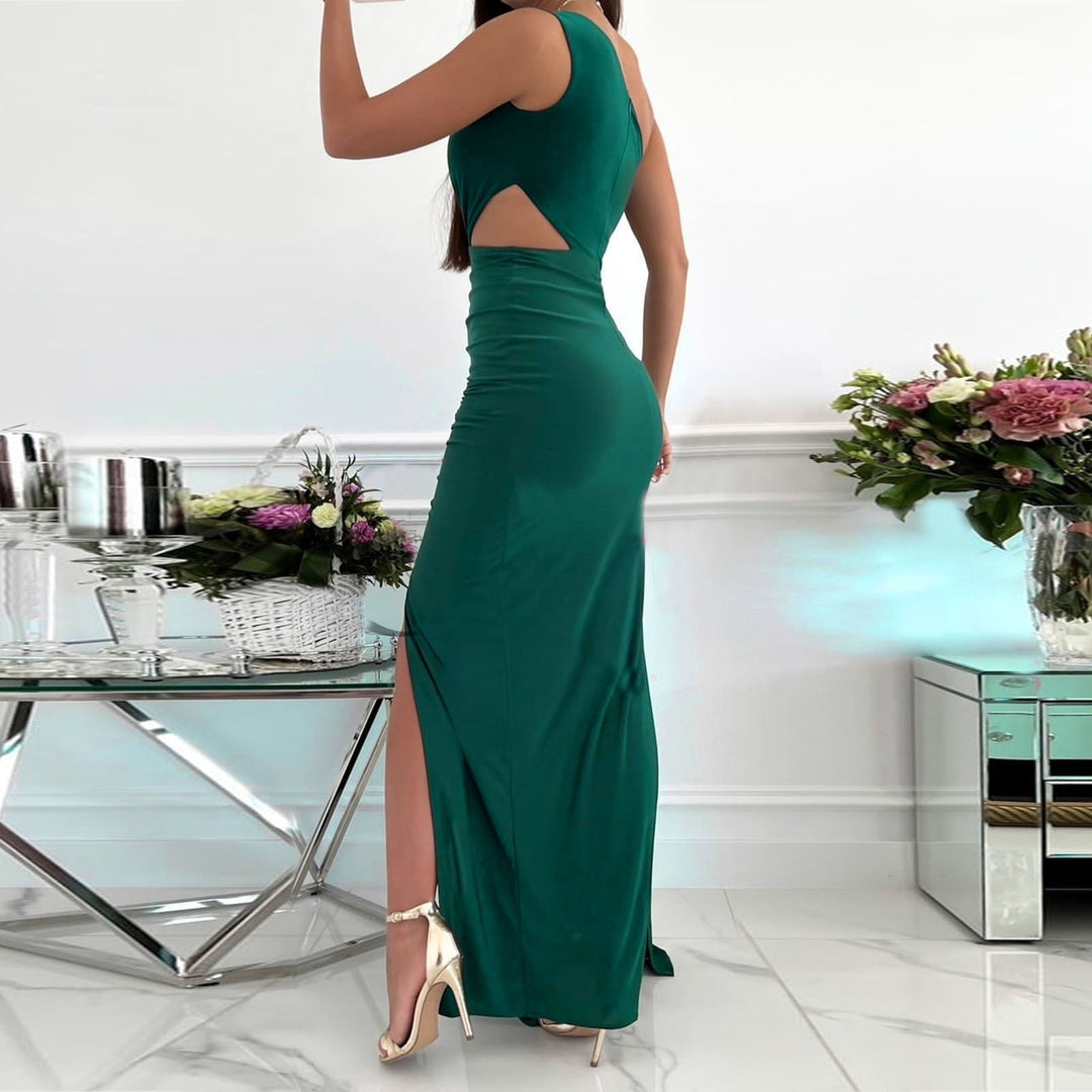 Formal women's one shoulder maxi dress. Draped waist detail and floor-length design.