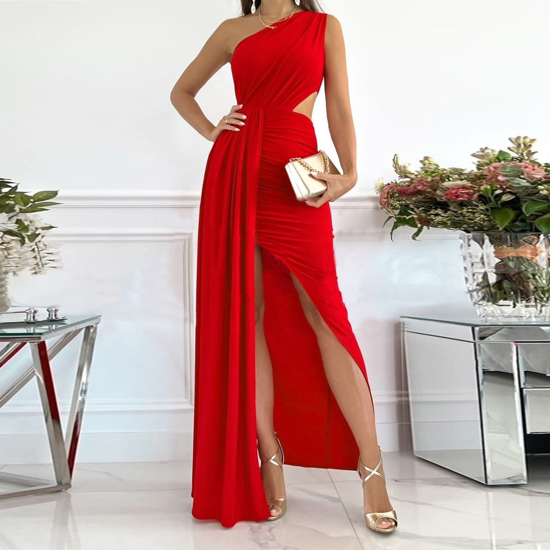 Stunning women's one shoulder draped evening gown. Ideal for weddings, galas & special occasions.