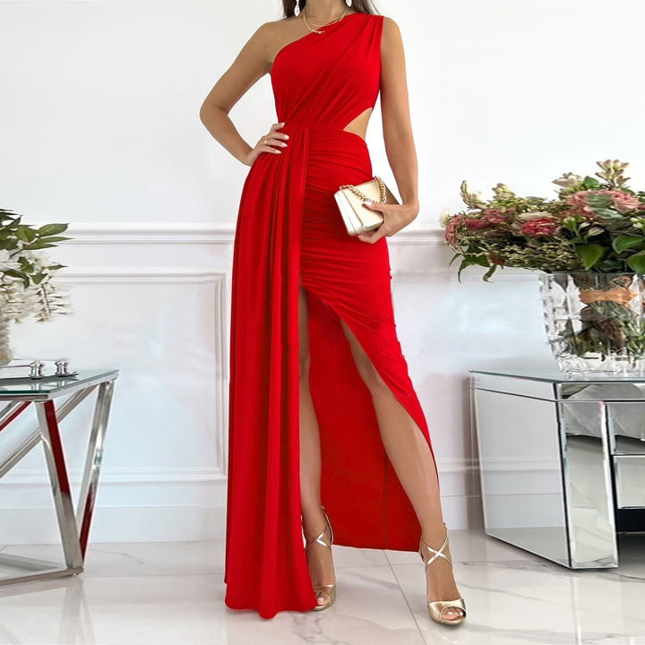 Stunning women's one shoulder draped evening gown. Ideal for weddings, galas & special occasions.