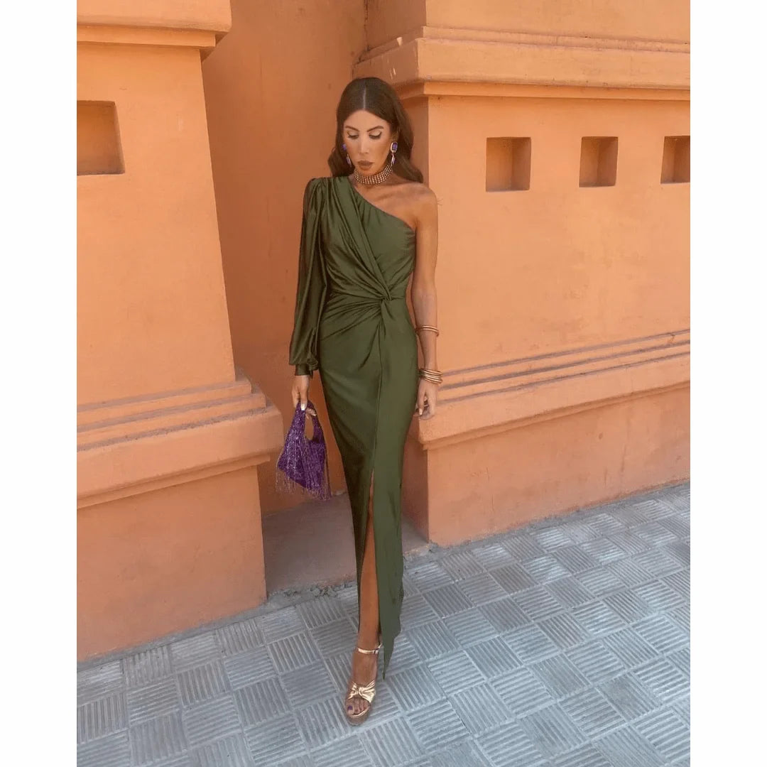 Elegant women's one-shoulder evening maxi dress with a twisted front and thigh-high slit, perfect for formal parties.
