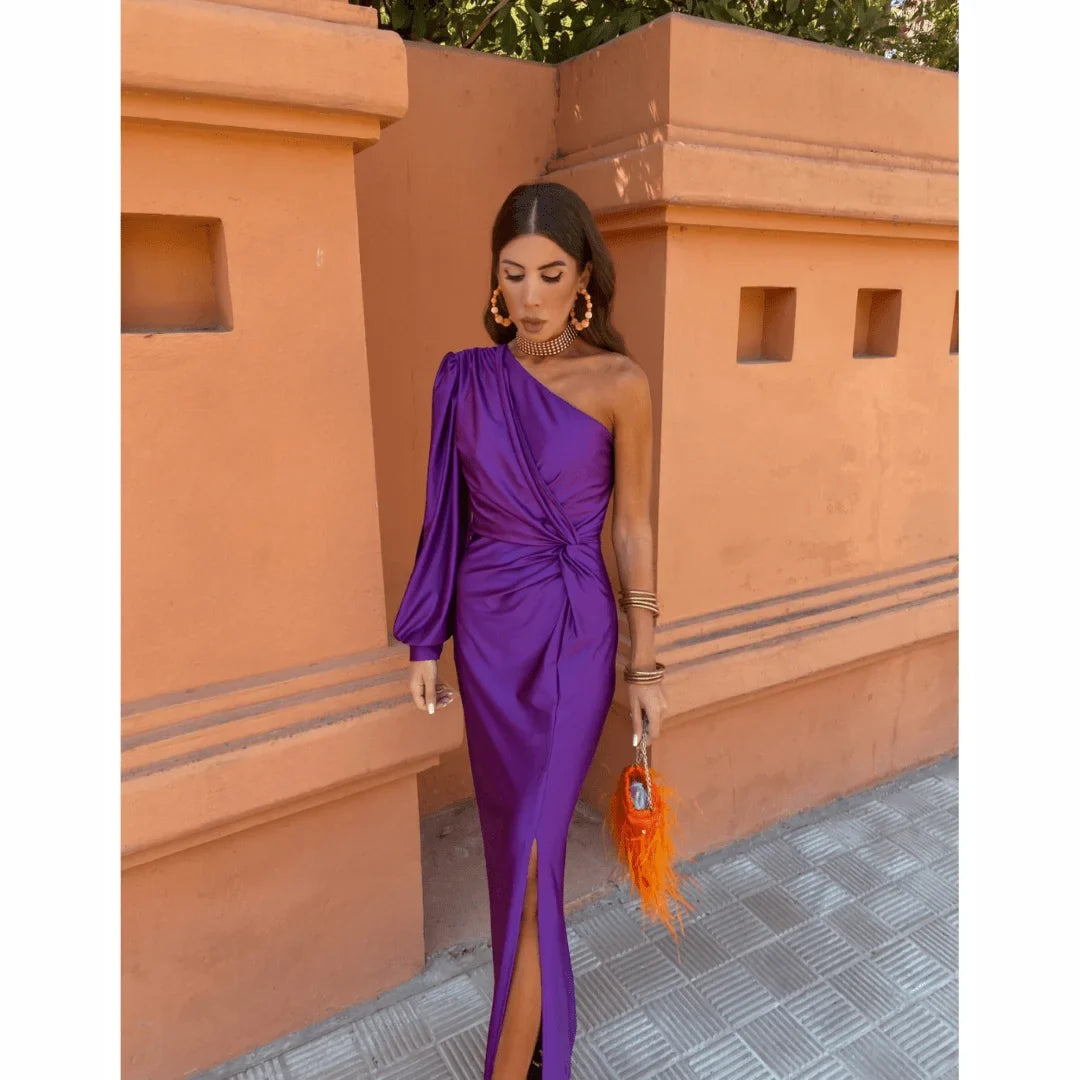 Sophisticated women's formal one-shoulder maxi dress, featuring a chic twisted bodice and flowy skirt with a slit.