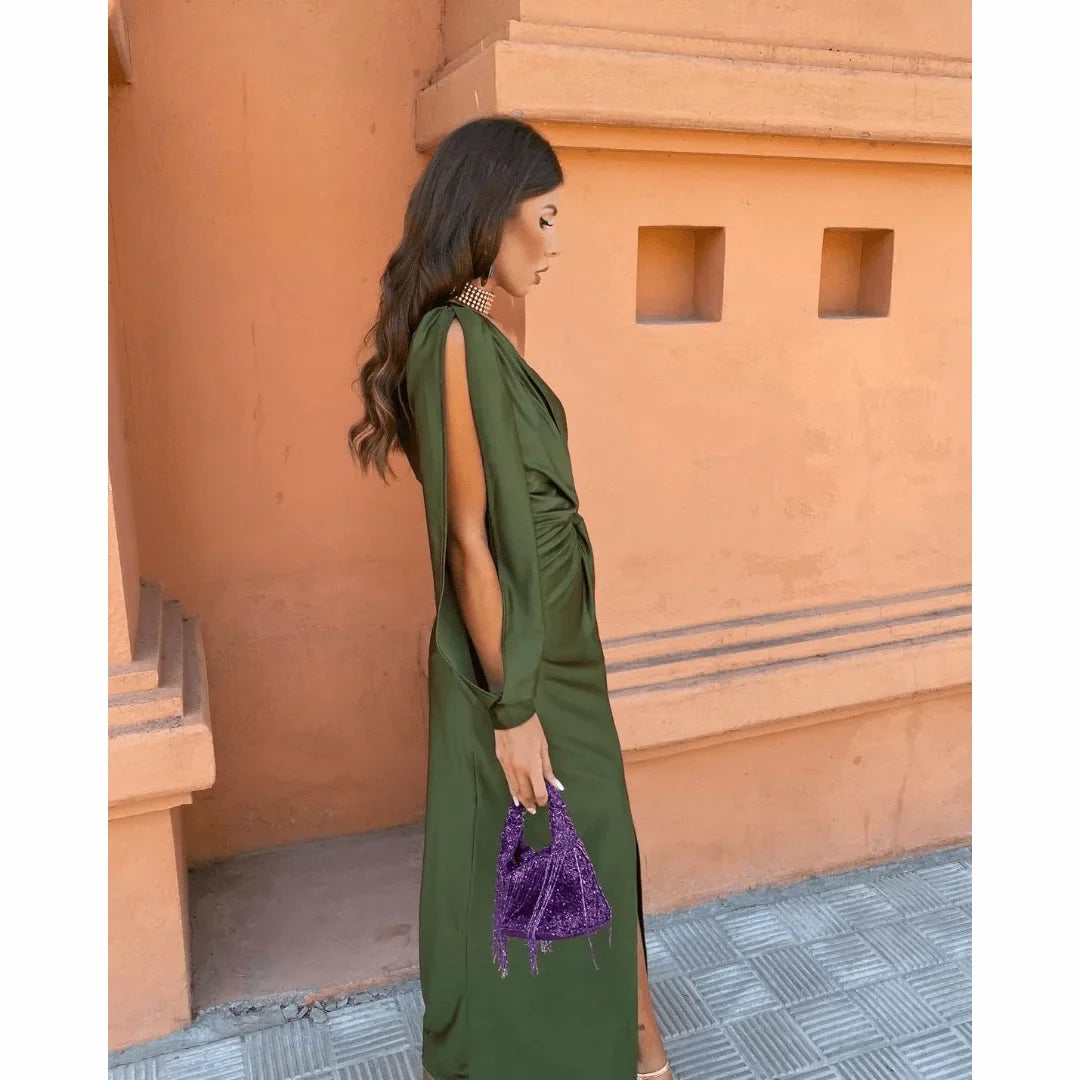 Beautiful women's one-shoulder party maxi dress, designed with a unique twisted front and a flattering high leg slit.