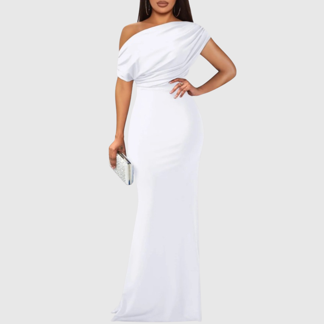 Floor-length one-shoulder evening dress for women, ideal for weddings, proms & formal events.