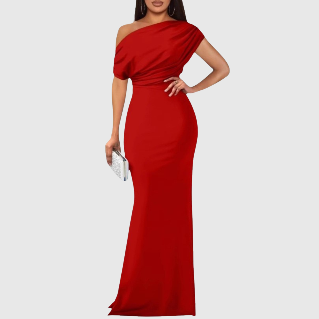 Women's sophisticated one-shoulder formal gown, perfect as a wedding guest or gala dress.