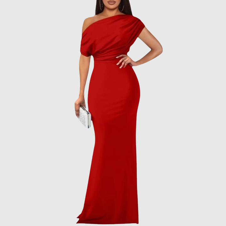 Women's sophisticated one-shoulder formal gown, perfect as a wedding guest or gala dress.