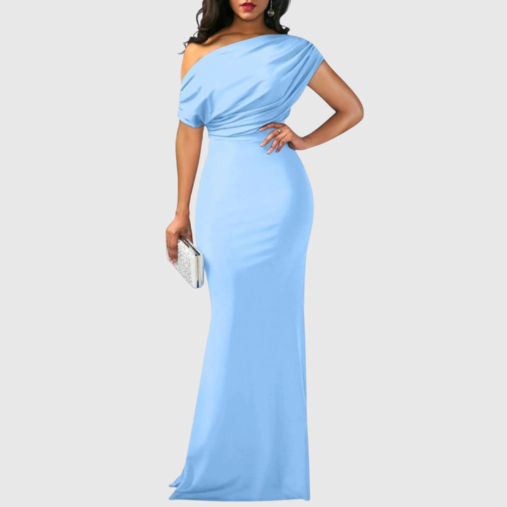 Women's floor-length one-shoulder formal gown in elegant fabric, perfect for evening wear.