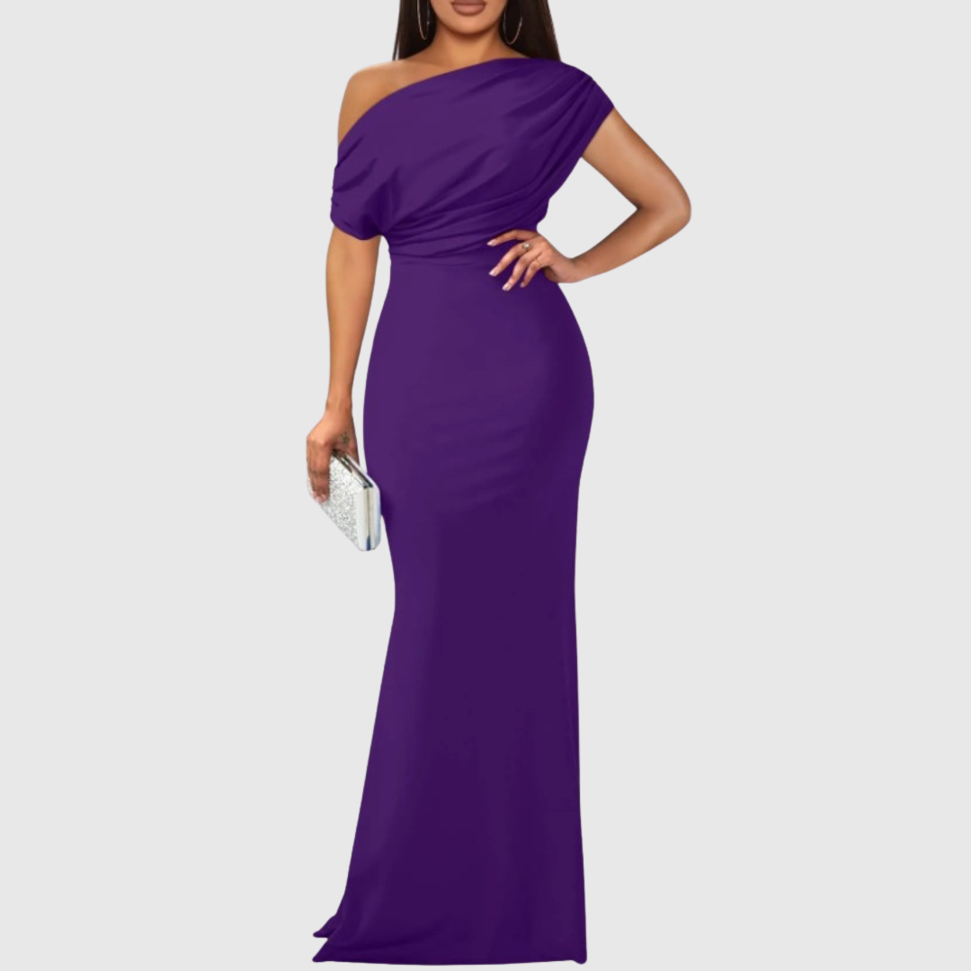Women's elegant one-shoulder formal gown, ideal as a wedding guest, prom or evening dress.