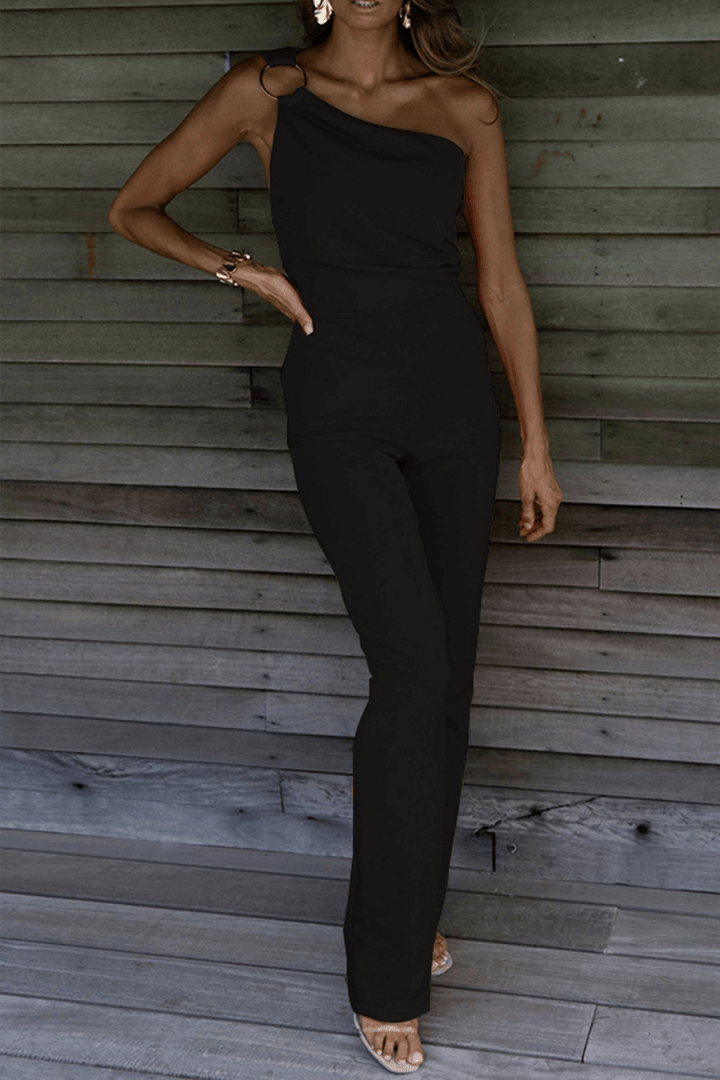 Stylish women's one-shoulder jumpsuit, versatile for both casual daywear and elegant evening events.