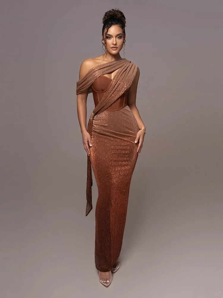 Elegant women's one-shoulder maxi dress, perfect for luxe evening wear or formal occasions.
