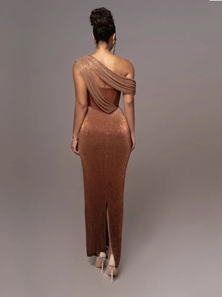 Chic one-shoulder bodycon maxi dress for women, ideal as an elegant evening gown or special occasion outfit.