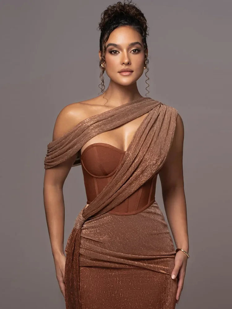 Luxe draped one-shoulder maxi dress for women, a sophisticated evening gown perfect for formal events.