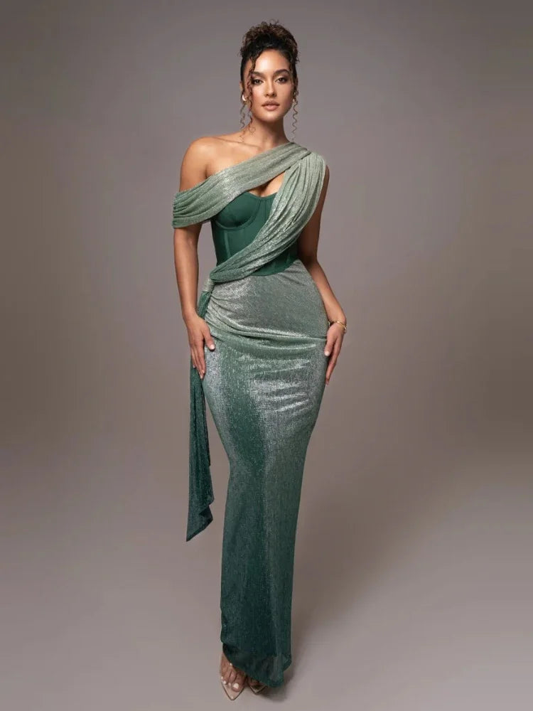 Statement one-shoulder long dress for women, an elegant bodycon maxi perfect for cocktail parties & evening events.