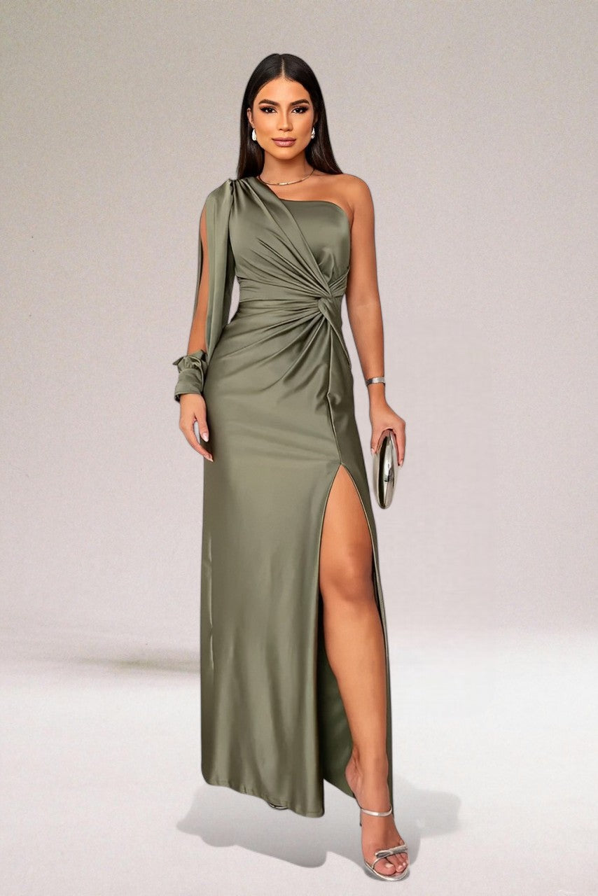 Elegant one-shoulder women's maxi dress with flowing silhouette, ideal for formal wear and special occasion parties.