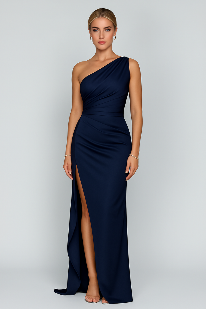 Women's sophisticated one-shoulder formal dress, a slim-fit maxi evening gown ideal for special events & parties.