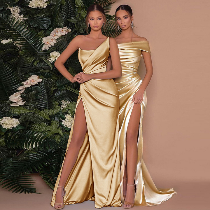 Stunning one-shoulder evening gown for women, featuring a chic corset design & daring high slit, ideal for parties.