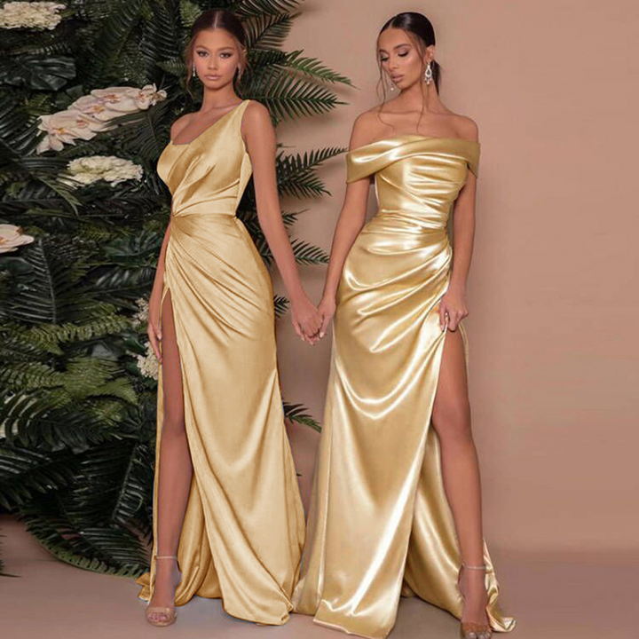 Luxurious black one-shoulder maxi dress for women, with an elegant corset and stylish high slit for special occasions.