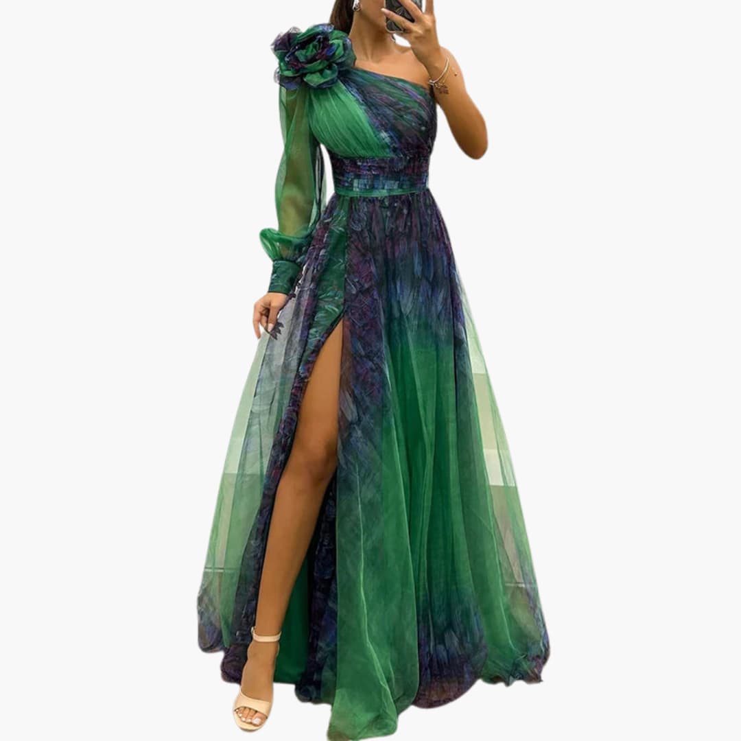 Elegant women's one-shoulder maxi dress with a stylish side split, perfect for formal evenings & special occasions.